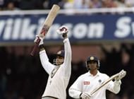 Sourav Ganguly celebrates his century on Test debut.